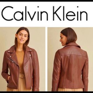 Calvin Klein Lambskin Leather Cognac Moto Jacket